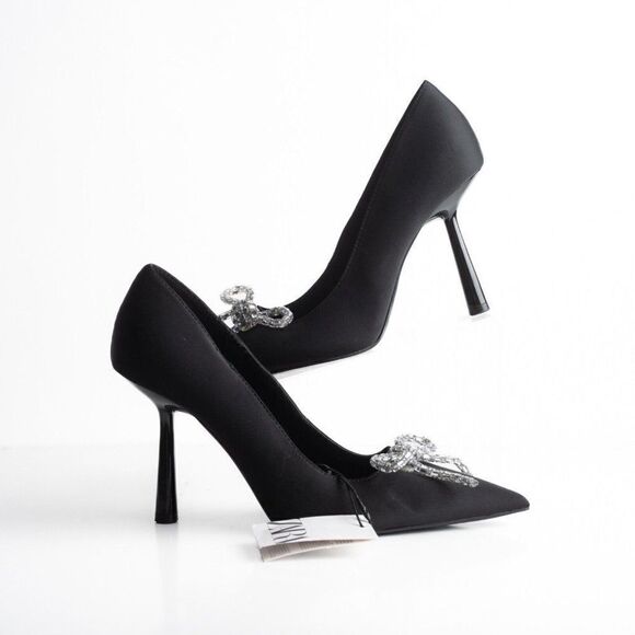 Zara Womens Rhinestone Bow Pointed Heels Pumps Black US 10 EU 41 NWT 2247/010 - Picture 2 of 8
